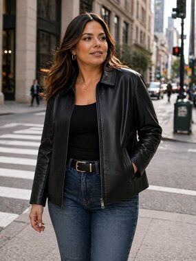 Black Genuine Leather Zip Front Jacket Minimalist Classic Coat Women’s XL